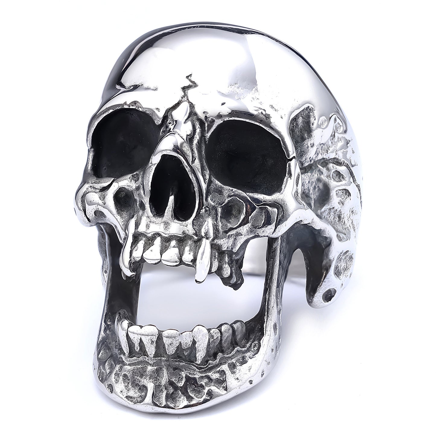 Men's Gothic Zombie Skull Ring – Long Teeth Design, Black Polished Titanium Steel, Wholesale