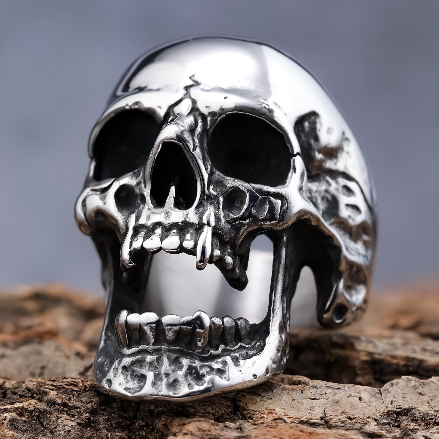 Men's Gothic Zombie Skull Ring – Long Teeth Design, Black Polished Titanium Steel, Wholesale