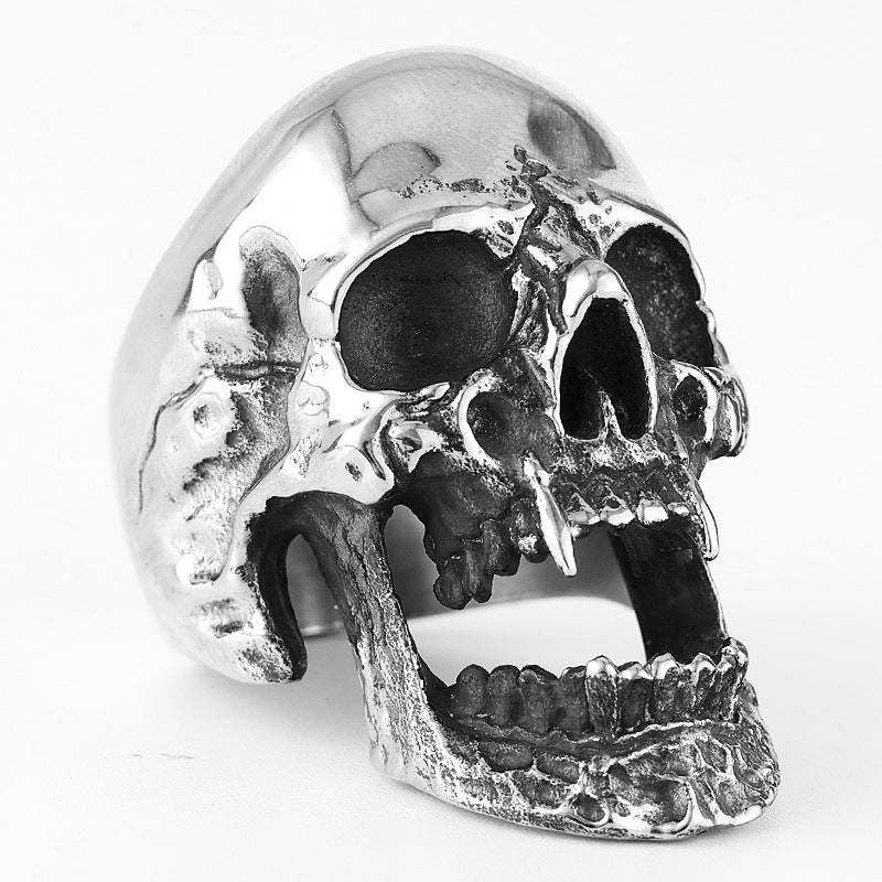 Men's Gothic Zombie Skull Ring – Long Teeth Design, Black Polished Titanium Steel, Wholesale