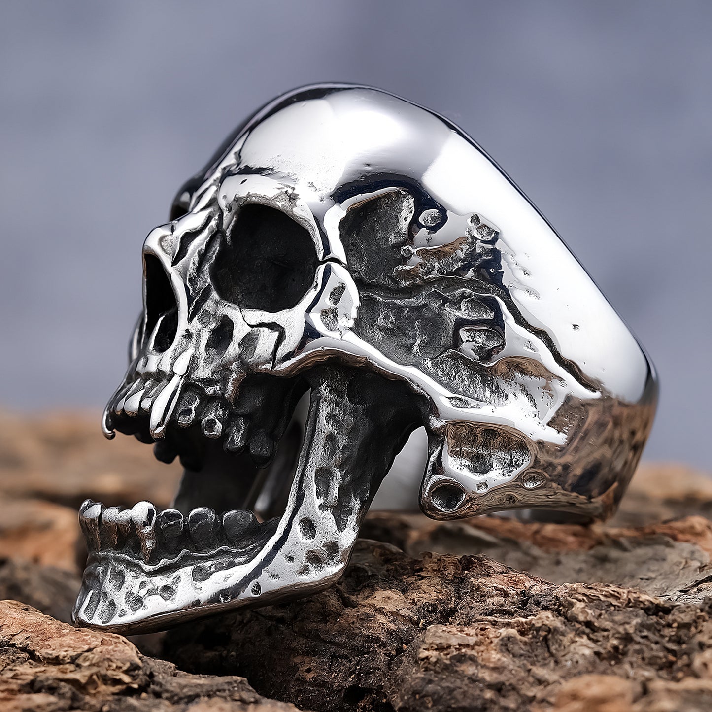 Men's Gothic Zombie Skull Ring – Long Teeth Design, Black Polished Titanium Steel, Wholesale