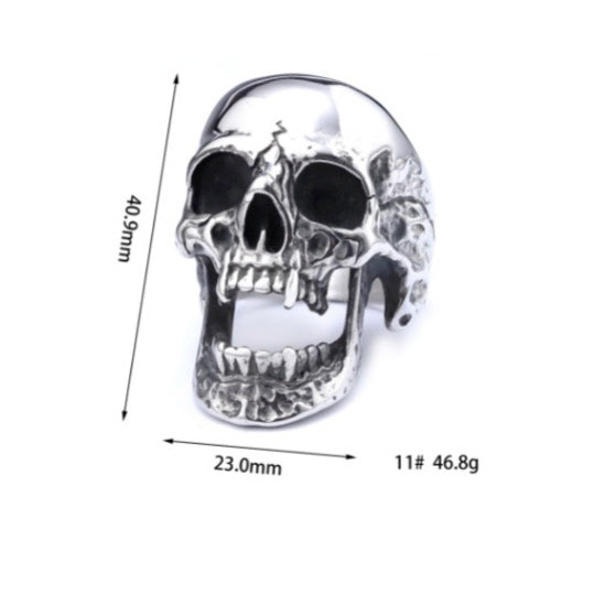 Men's Gothic Zombie Skull Ring – Long Teeth Design, Black Polished Titanium Steel, Wholesale