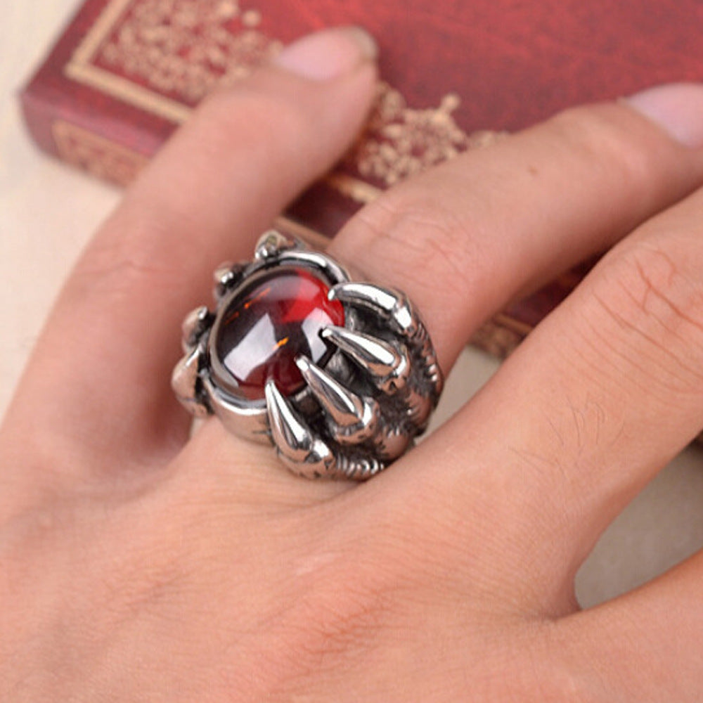 Men's Gothic Dragon Claw Ring – Vintage Punk Red Crystal Statement Jewelry