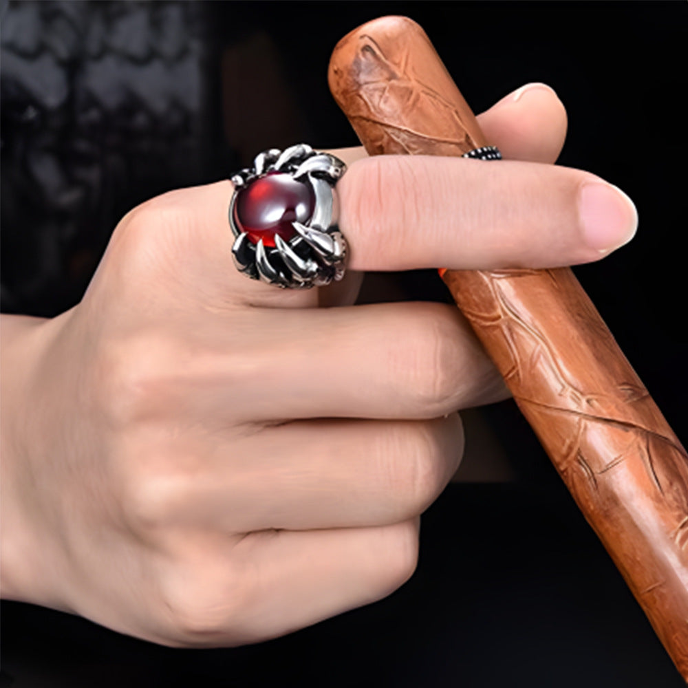 Men's Gothic Dragon Claw Ring – Vintage Punk Red Crystal Statement Jewelry