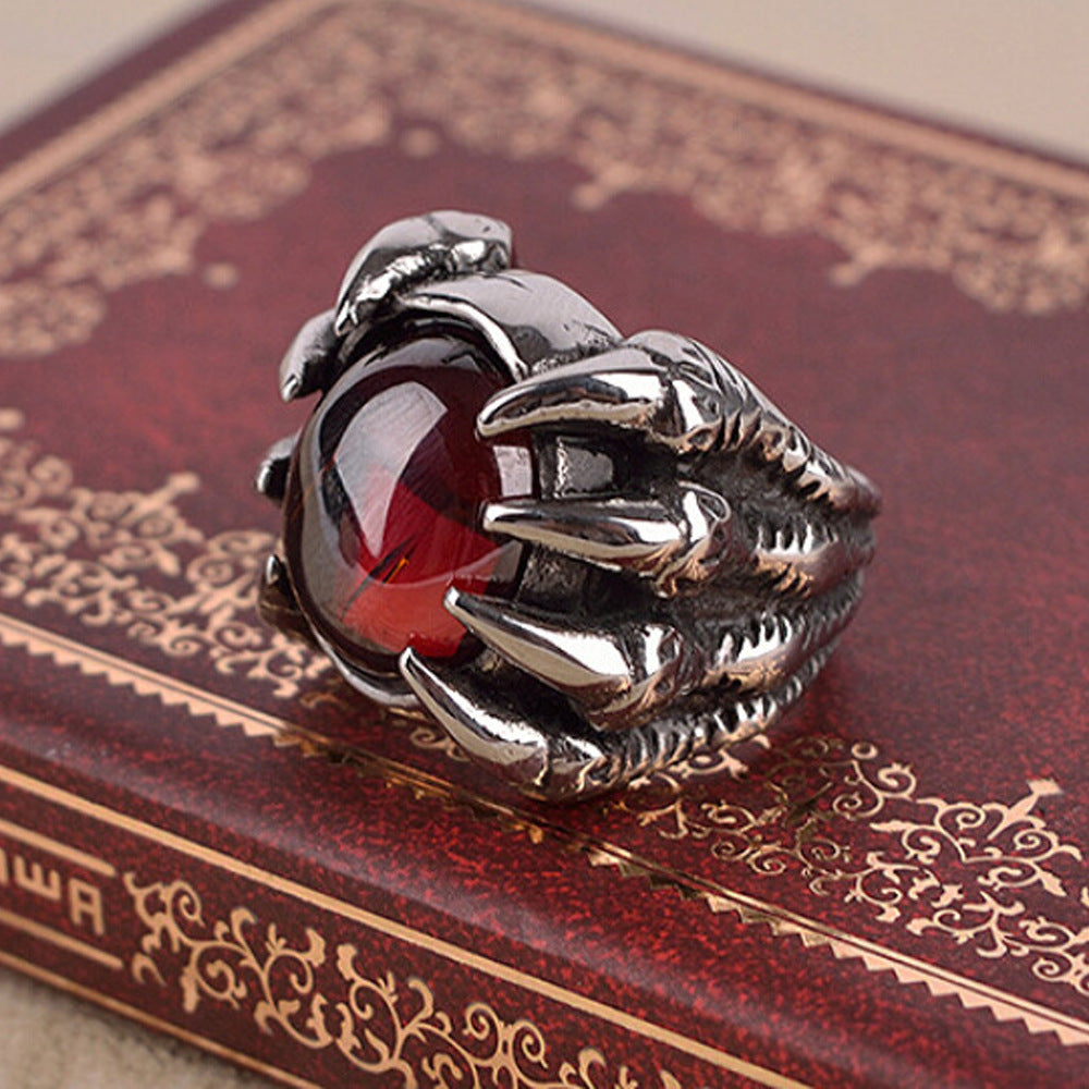 Men's Gothic Dragon Claw Ring – Vintage Punk Red Crystal Statement Jewelry