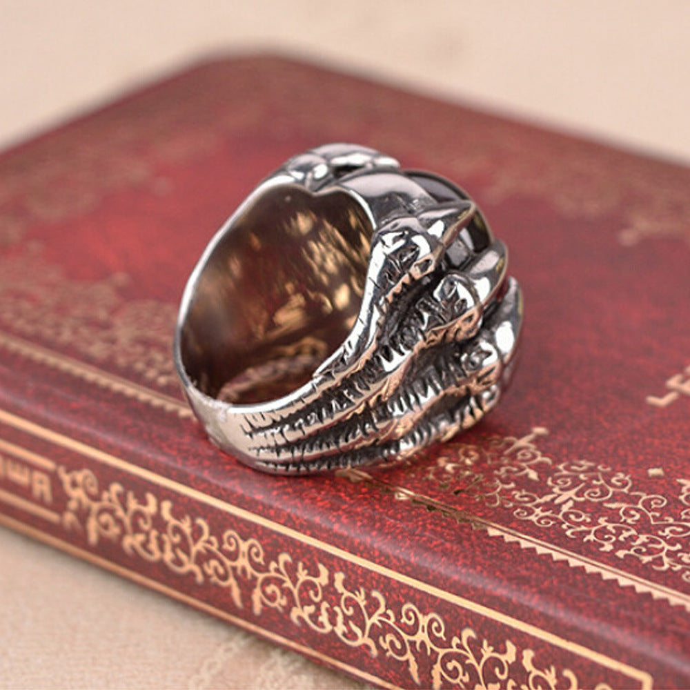 Men's Gothic Dragon Claw Ring – Vintage Punk Red Crystal Statement Jewelry