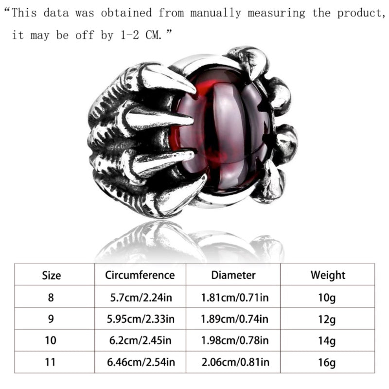 Men's Gothic Dragon Claw Ring – Vintage Punk Red Crystal Statement Jewelry