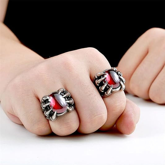 Men's Gothic Dragon Claw Ring – Vintage Punk Red Crystal Statement Jewelry
